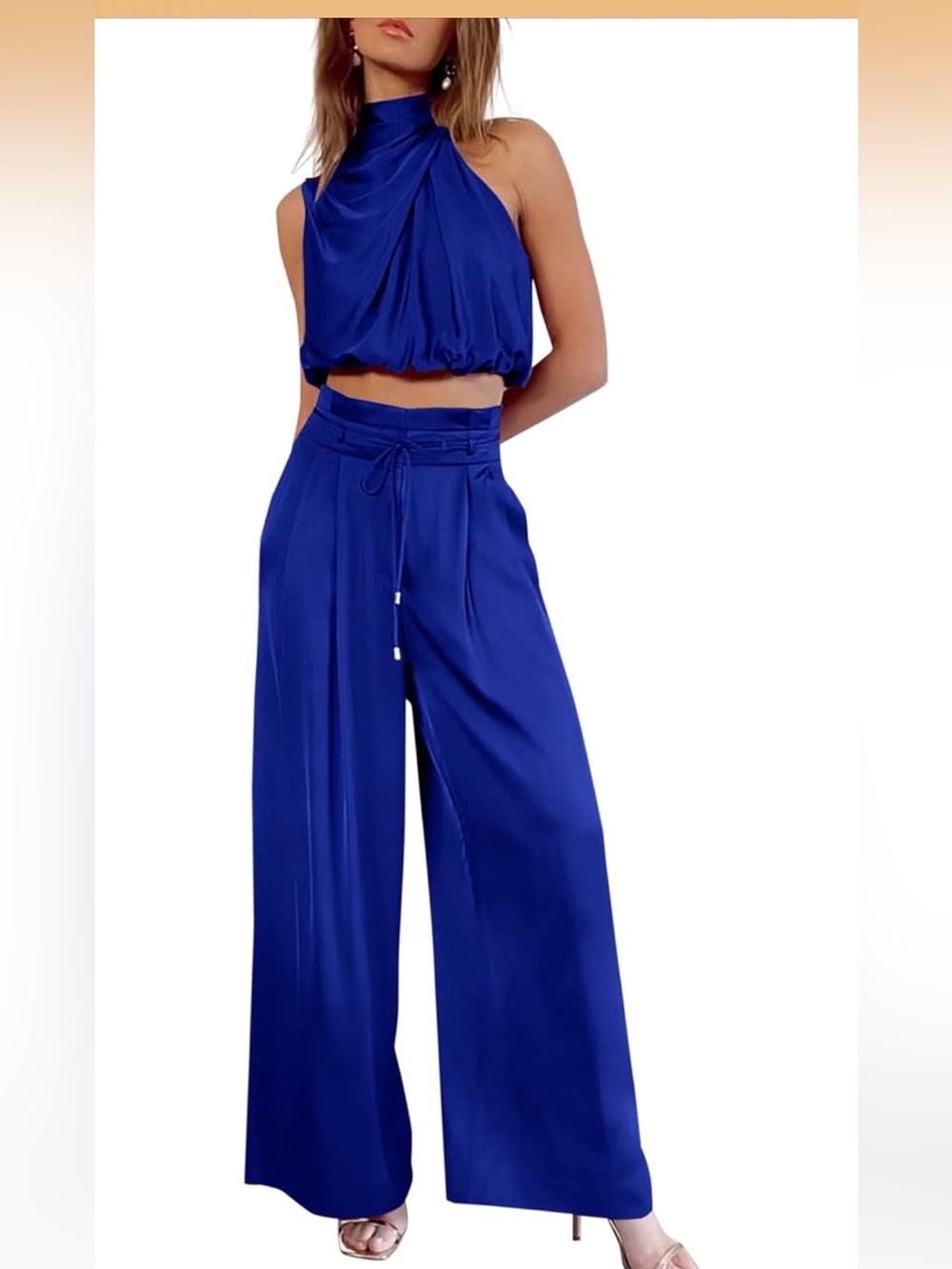 Women's Wide-Leg Halter Crop Set in Royal Blue